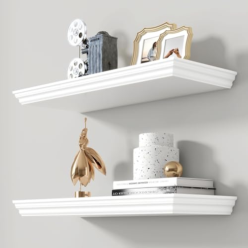 White 24 Inch Floating Wall Shelves Set of 2 with Crown Molding - 9.3" Deep