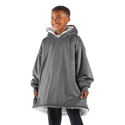 Kids Wearable Blanket Hoodie - Soft Plush Sherpa - Grey - Cozy & Warm