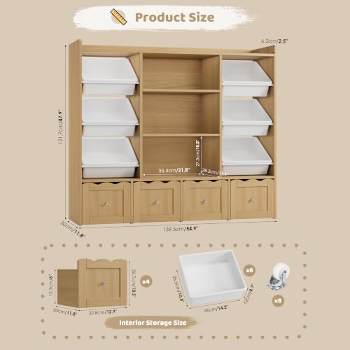 Kids Toy Storage Organizer with 10 Bins & Bookshelf - Natural
