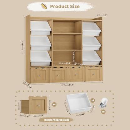 Kids Toy Storage Organizer with 10 Bins & Bookshelf - Natural