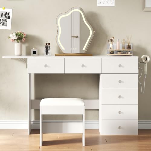 Vanity Desk with Drop Leaf Glass Top — 7-Drawer Wood Dressing Table with Charging Station, Stool, 43.3"