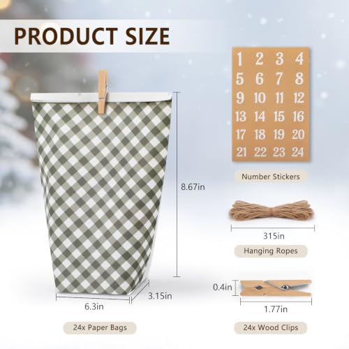 Green Advent Calendar Bags to Fill - 24 Days DIY Kraft Paper Christmas Countdown Kit