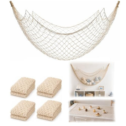 Beige 4 Pack Cotton Fish Net Decorations for Parties and Wall Decor - 80 x 40 in