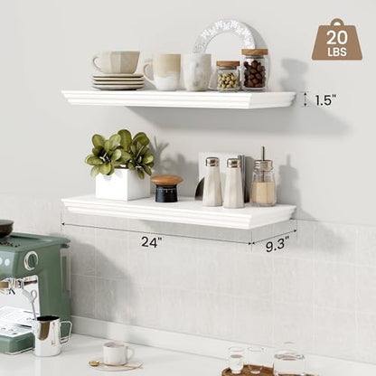 White 24 Inch Floating Wall Shelves Set of 2 with Crown Molding - 9.3" Deep