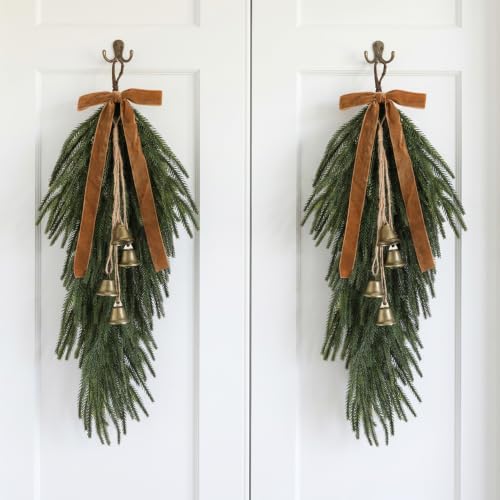 Artificial Christmas Teardrop Swag with Pine Stems - Brown Variation, 26 Inches