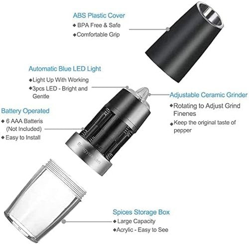 Gravity Electric Salt and Pepper Grinder Set - Automatic, Battery-Operated, Adjustable Coarseness, One-Handed Use | Black