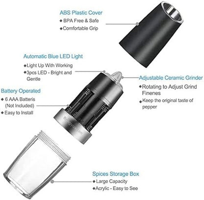 Gravity Electric Salt and Pepper Grinder Set - Automatic, Battery-Operated, Adjustable Coarseness, One-Handed Use | Black