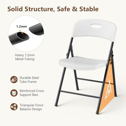 White Plastic Folding Chair, Heavy Duty Steel Frame 350 Lbs Capacity, Stackable & Portable - 2 Pack