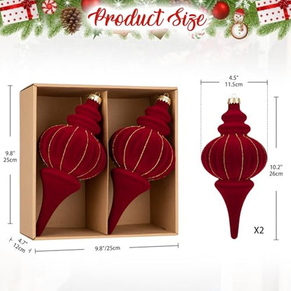 Velvet Christmas Ball Ornaments Set of 2 - 10 Inch Red Finial Finery with Gold Glitter