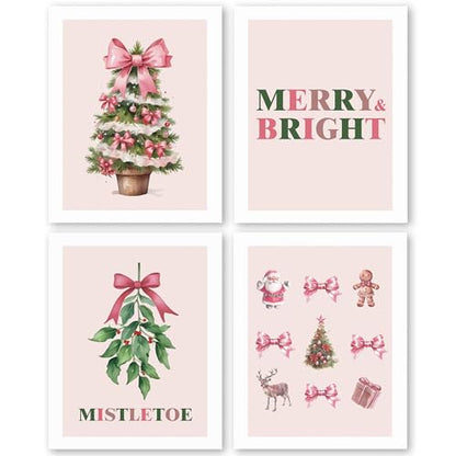 Christmas Tree Wall Art Prints Set of 4 - Pink & Green Mistletoe Decor for Girls Room, 8x10 Unframed