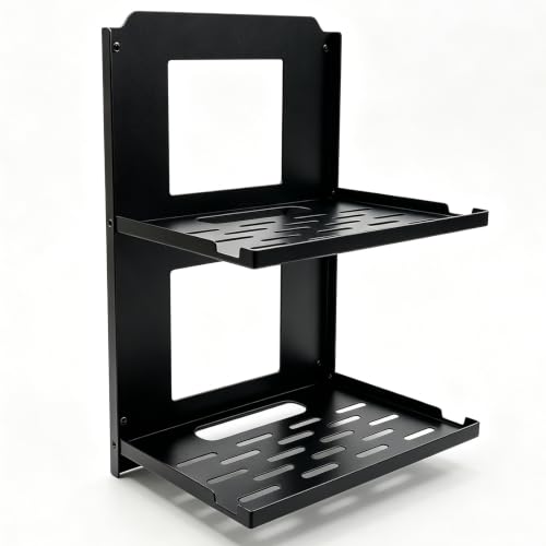 2‑Tier Foldable Wall Mount Router Shelf - Black Metal, 10" Wide