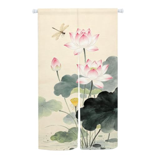 Japanese Noren Doorway Curtain Tapestry Lotus Design Green 33.5x59 Inches