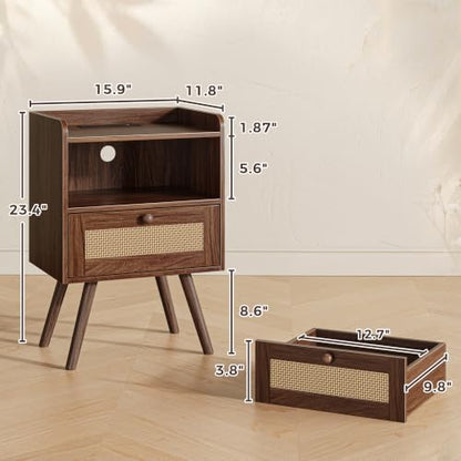 Superjare Nightstands Set of 2 with Charging Station, 11.8 x 15.9 x 23.4 Inches, Dark Walnut