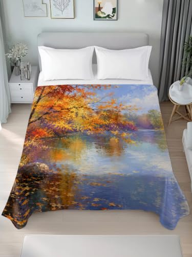 California King Flat Sheet - Lake Trees Leaves Fall Microfiber Bed Sheet - Amber, Gold, Orange, Blue