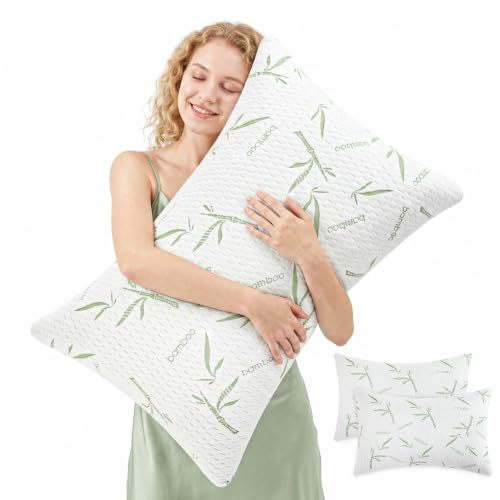 Queen Size Cooling Shredded Memory Foam Pillows Set of 2 - Adjustable Support with Washable Cover