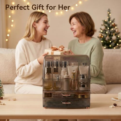 Clear Makeup Organizer Countertop with Lid & 2 Drawers for Vanity