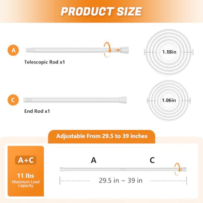 White Tension Shower Curtain Rod 29.5-39 Inch, 7/8 Inch Diameter, Splicing