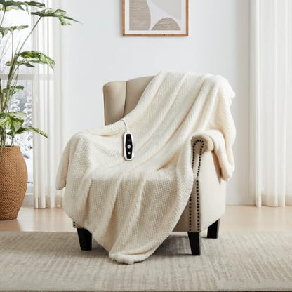 Beige Electric Heated Blanket Throw 50x60 Inches Faux Fur & Flannel
