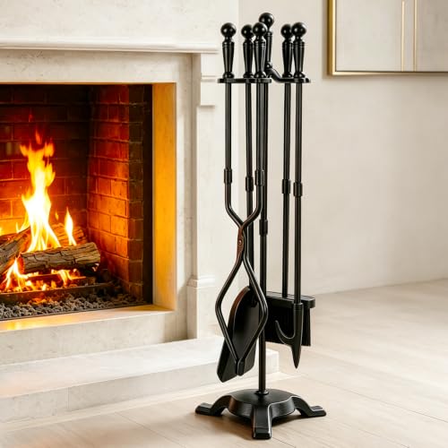 5-Piece Fireplace Tool Set with Stand - Wrought Iron, 29.5 Inches, Black