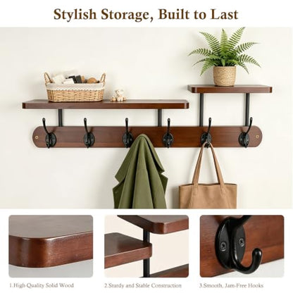 Dark Wood Wall Mount Coat Rack with 2-Tier Shelves and 6 Dual Hooks