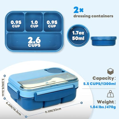 danliar Bento Box for Kids 44oz 4-Compartment Bento Box Adult Lunch Box with 2 Dressing Containers, Leakproof Lunch Containers, Built-in Utensil Set, Ideal for School & On-the-Go, BPA-Free (Blue)