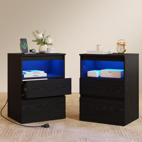 2-Pack Nightstands with Charging Station, LED Lights & 3 Drawers - Black