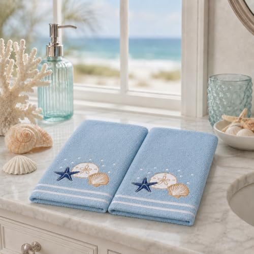 Gone Coastal Hand Towels for Bathroom - Light Blue Shells, Starfish & Sand Dollar - 2 Pack