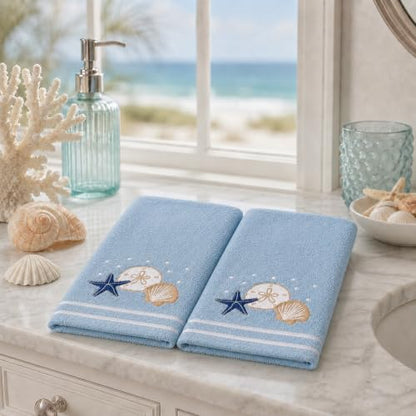 Gone Coastal Hand Towels for Bathroom - Light Blue Shells, Starfish & Sand Dollar - 2 Pack