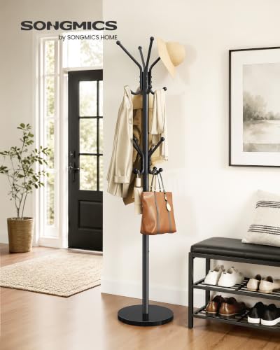 Black Freestanding Coat Rack with 16 Hooks and Marble Base - Steel Hall Tree