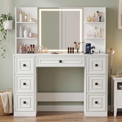 YESHOMY Pure White Makeup Vanity Desk with LED Mirror, UL Charging Hub & 7-Drawer Storage