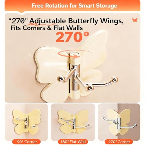 Rotating Butterfly Wall Hooks Set - Color Mixing, 6 Pack Adhesive Corner Hooks