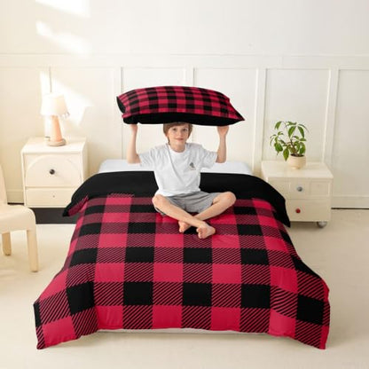 Feelyou Black Red Buffalo Plaid Duvet Cover Twin Size Boys Girls Checkered Bedding Set No Comforter