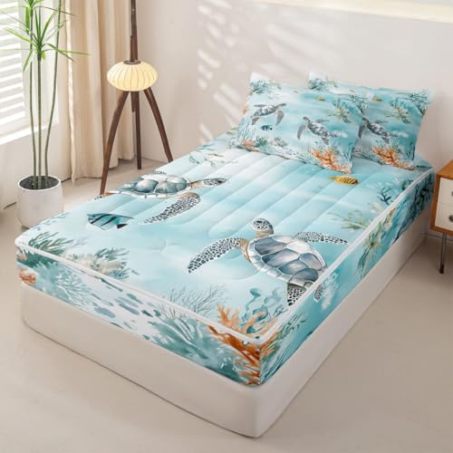 Kids Ocean Beach Zipper Bedding Set Queen Light Blue Grey - Microfiber Comforter & Fitted Sheet