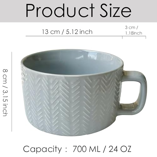 Disoza 24 OZ Gray Oversized Ceramic Coffee Mug with Handle - XXL Soup Cup