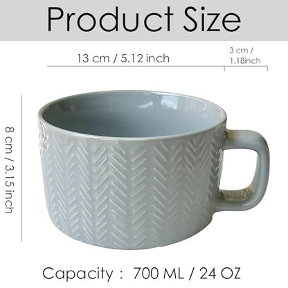 Disoza 24 OZ Gray Oversized Ceramic Coffee Mug with Handle - XXL Soup Cup