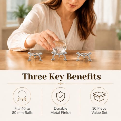 Silver Crystal Ball Stand Set - 10 Metal Display Holders for 40-80mm Spheres