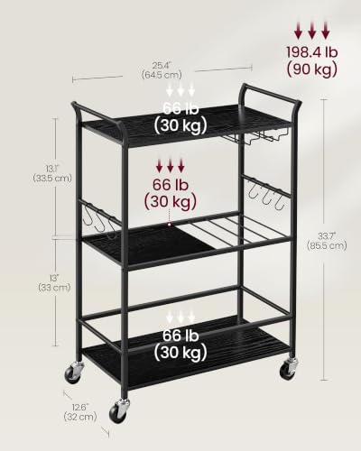 VASAGLE Black Matte Bar Cart with Wheels, Wine Rack & Glass Holder - 12.6"W