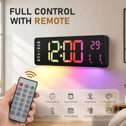 16-Inch Digital Wall Clock with RGB LED Display & Remote - Multicolor