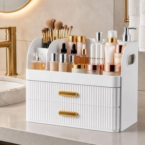 Makeup Organizer with Drawers and Brush Holder - Large White Vanity Storage