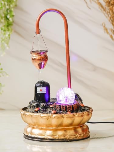 Indoor Water Fountain with LED Light Ball, Copper Pot & Gold Base – Tabletop Decor