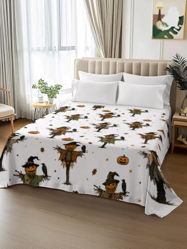 Halloween Twin Flat Sheet with Pumpkins & Crows - Orange, 66x96 inches, Soft Bedding