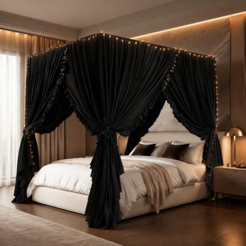 King Size Black Canopy Bed Curtains - Lightproof Privacy Bedroom Decor with 4 Openings - Pack of 4