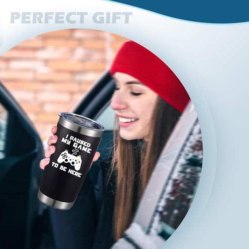 20oz Funny Gaming Slogan Stainless Steel Tumbler with Lid - Paused My Game - Black