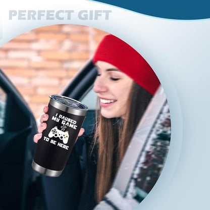 20oz Funny Gaming Slogan Stainless Steel Tumbler with Lid - Paused My Game - Black