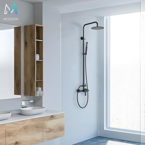 MOSSON Antique Brass Shower System Bathroom Shower Faucet Set with 8 Inch Shower Head Handheld Spray and 360 ° Rotation Tub Spout 2 Cross Handles Outdoor Shower Fixtures