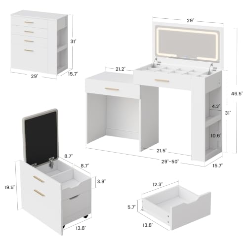4-in-1 Vanity Desk with Mirror, LED Lights & Storage Stool