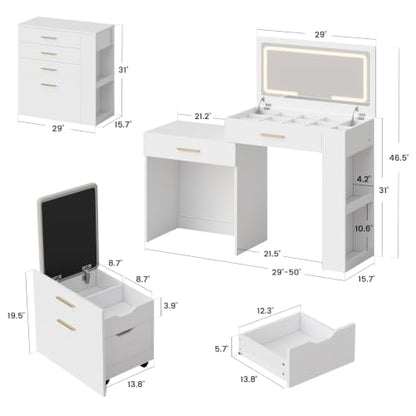 4-in-1 Vanity Desk with Mirror, LED Lights & Storage Stool
