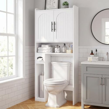 Over Toilet Storage Cabinet with Arched Doors, 34 Inch Wood Bathroom Organizer
