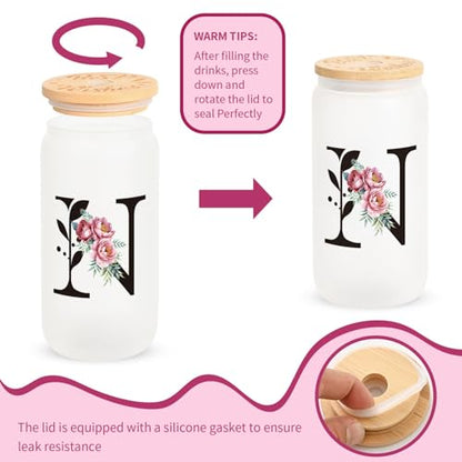 16oz Monogrammed Frosted Glass Tumbler with Lid Straw & Gift Set - Initial N