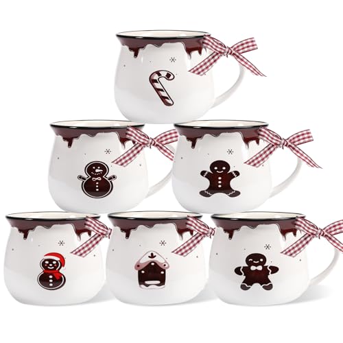Gingerbread Christmas Coffee Mug Set - 6 Ceramic 12oz Hot Cocoa Cups